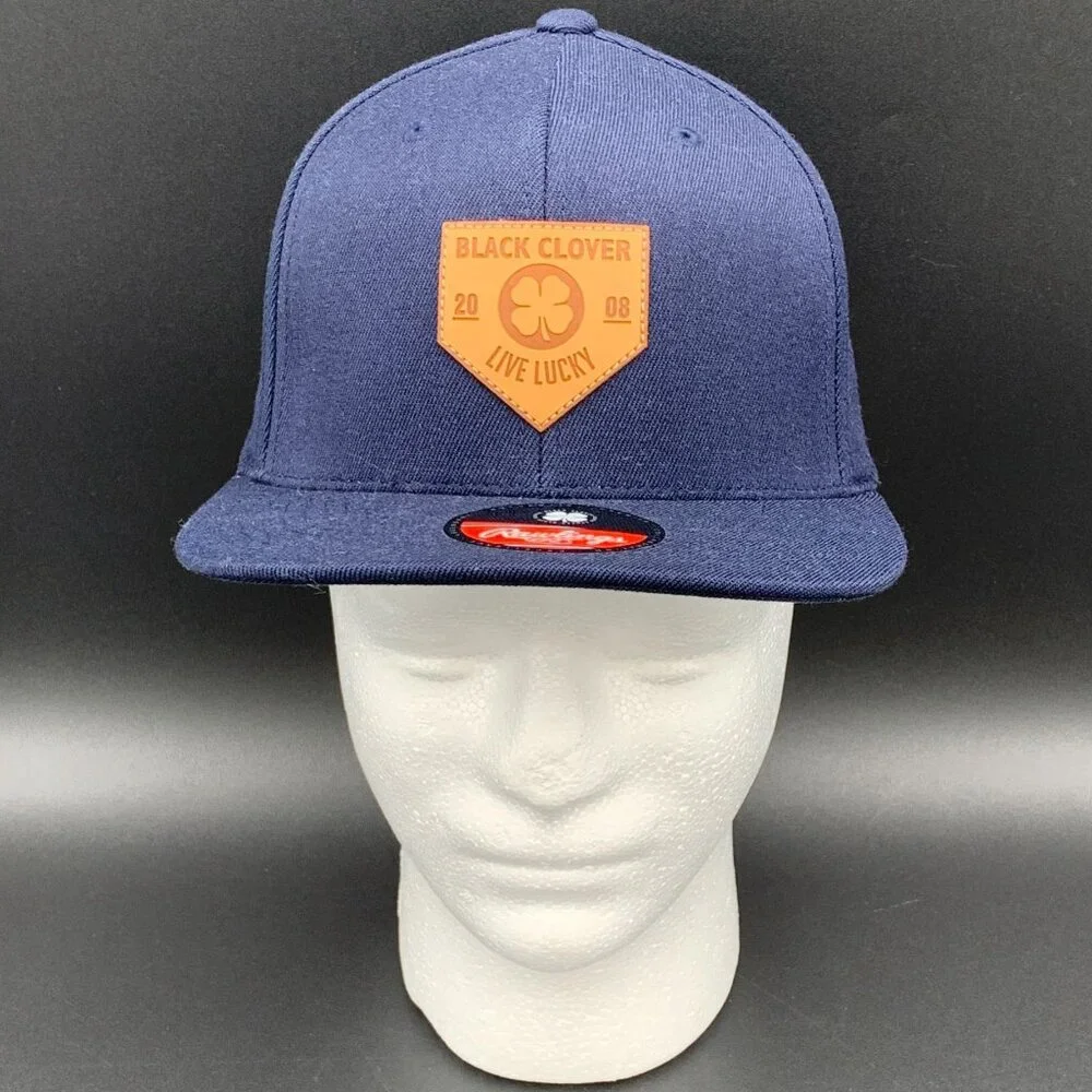 Rawlings Black Clover Hat Flat Bill Leather Patch Navy Blue Acrylic Wool S/M New